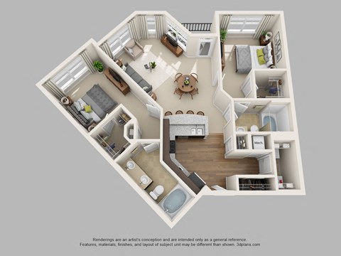 Floor plan for 2 beds, 2 baths, 1121 sqft