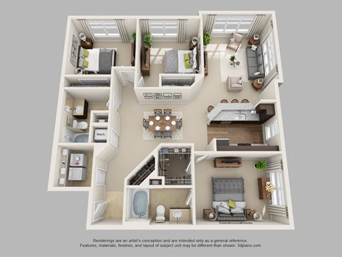 Floor plan for 3 beds, 2 baths, 1396 sqft