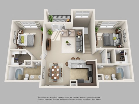 Floor plan for 2 beds, 2 baths, 1348 sqft