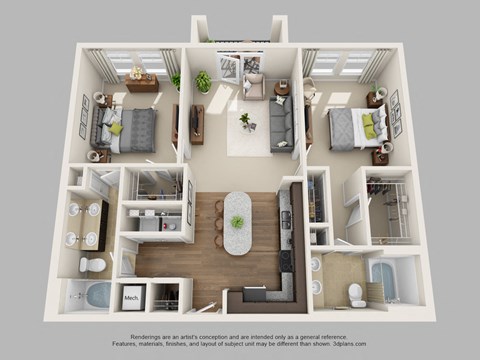 Floor plan for 2 beds, 2 baths, 1097 sqft