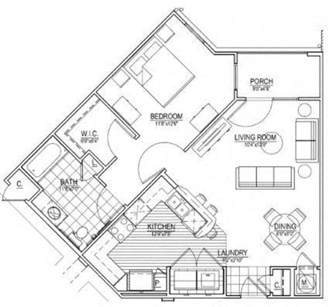 Floor plan for 1 bed, 1 bath, 782 sqft