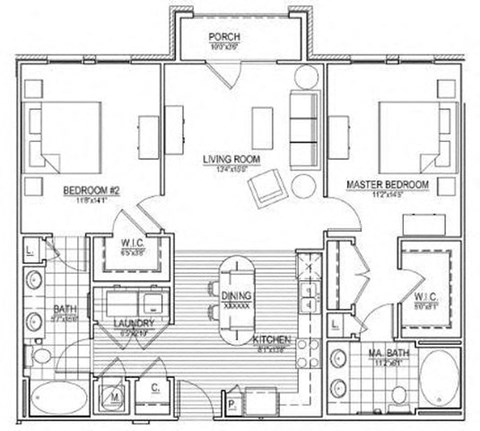 Floor plan for 2 beds, 2 baths, 1245 sqft