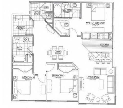 Floor plan for 3 beds, 2 baths, 1396 sqft