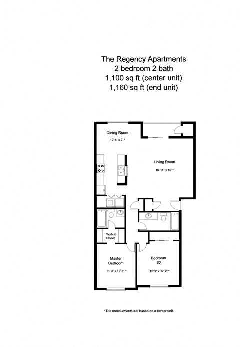 Floor plan for 2 beds, 2 baths, 1160 sqft