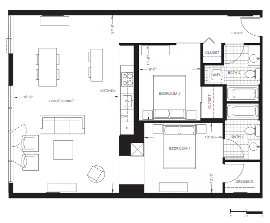 Floor plan for 2 beds, 2 baths, 1146 sqft