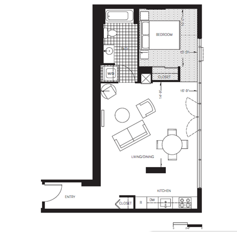 Floor plan for 1 bed, 1 bath, 694 sqft
