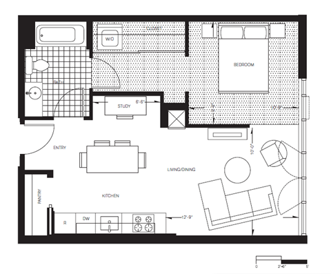 Floor plan for 1 bed, 1 bath, 589 sqft