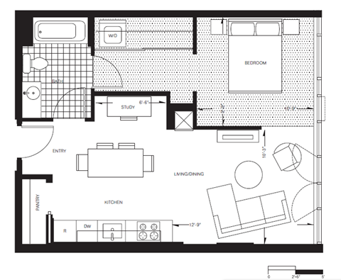 Floor plan for 1 bed, 1 bath, 605 sqft