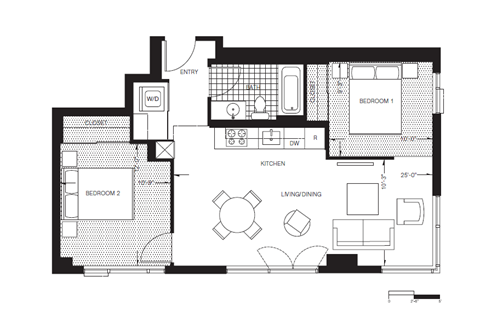 Floor plan for 2 beds, 1 bath, 763 sqft
