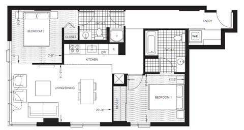 Floor plan for 2 beds, 2 baths, 909 sqft