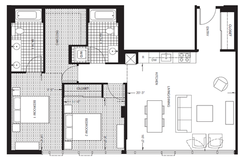 Floor plan for 2 beds, 2 baths, 1076 sqft