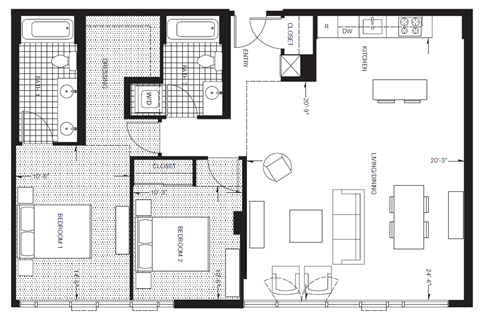 Floor plan for 2 beds, 2 baths, 1195 sqft