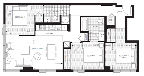 Floor plan for 3 beds, 2 baths, 1066 sqft