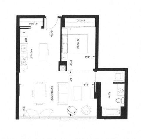 Floor plan for 1 bed, 1 bath, 704 sqft