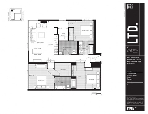 Floor plan for 3 beds, 2 baths, 1447 sqft