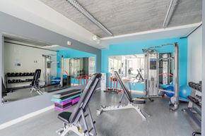 Portland apartment for rent - a gym with weights and gym equipment and a blue wall
