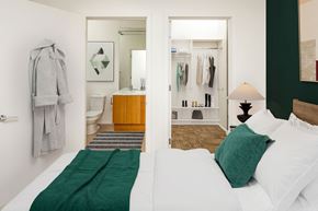 Portland apartment for rent - a bedroom with a bed and a bathroom