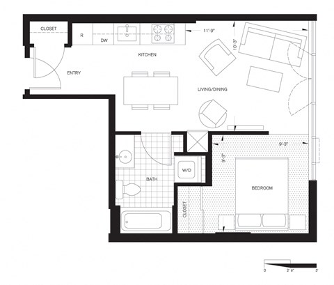 Floor plan for 1 bed, 1 bath, 472 sqft