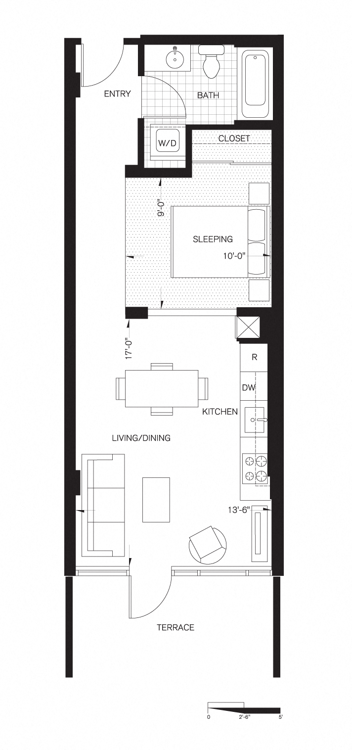 Floor plan for studio, 1 bath, 534 sqft