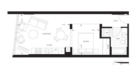 Floor plan for studio, 1 bath, 538 sqft