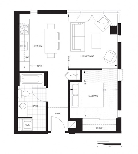 Floor plan for 1 bed, 1 bath, 545 sqft