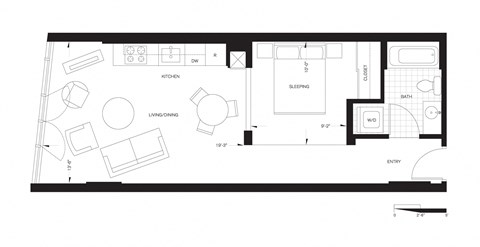 Floor plan for studio, 1 bath, 562 sqft