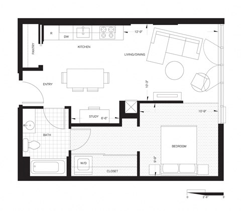 Floor plan for 1 bed, 1 bath, 599 sqft