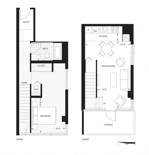 Floor plan for 1 bed, 1 bath, 830 sqft