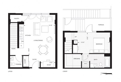 Floor plan for 1 bed, 1 bath, 935 sqft