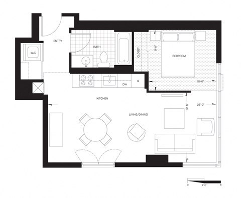 Floor plan for 1 bed, 1 bath, 605 sqft