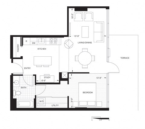 Floor plan for 1 bed, 1 bath, 692 sqft