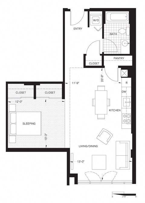 Floor plan for studio, 1 bath, 730 sqft