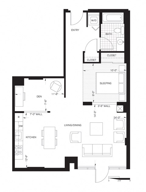 Floor plan for studio, 1 bath, 842 sqft