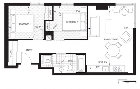 Floor plan for 2 beds, 1 bath, 746 sqft