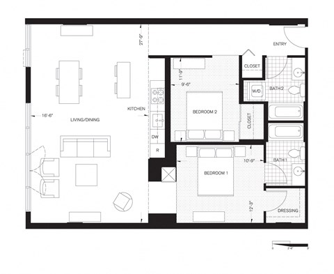 Floor plan for 2 beds, 2 baths, 1145 sqft