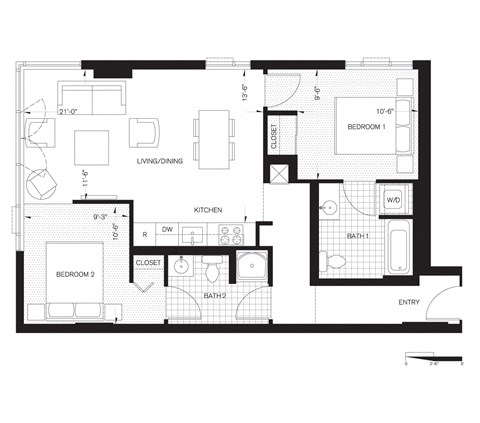 Floor plan for 2 beds, 2 baths, 873 sqft