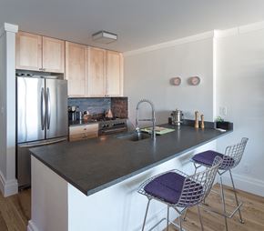 New York apartment for rent - a kitchen with stainless steel appliances and a counter with two chairs