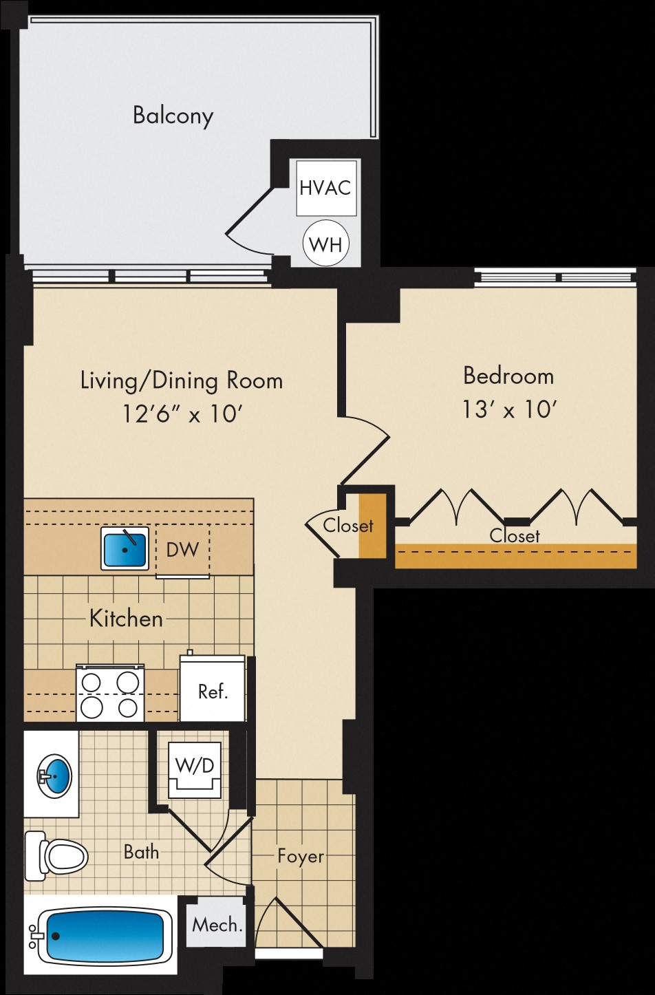 Floor plan for studio, 1 bath, 594 sqft