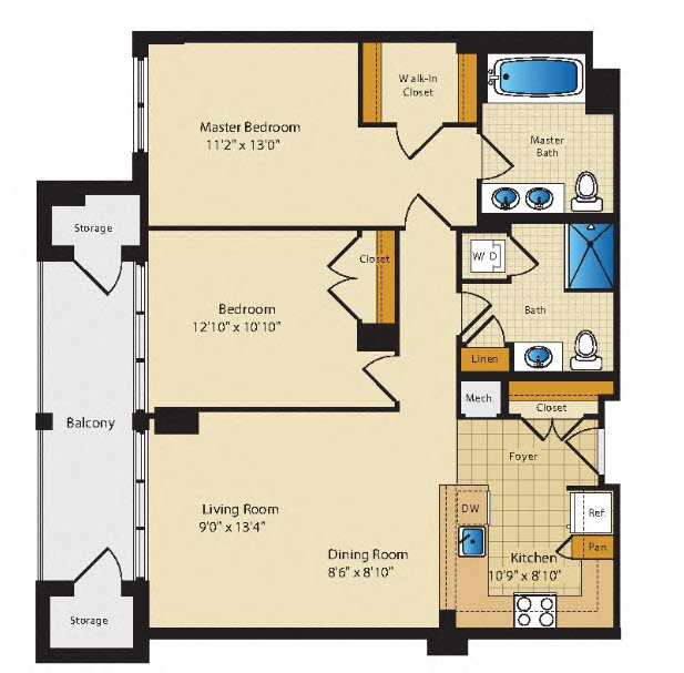 Floor plan for 2 beds, 2 baths, 1087 sqft