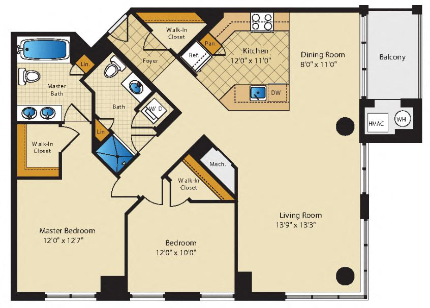 Floor plan for 2 beds, 2 baths, 1256 sqft
