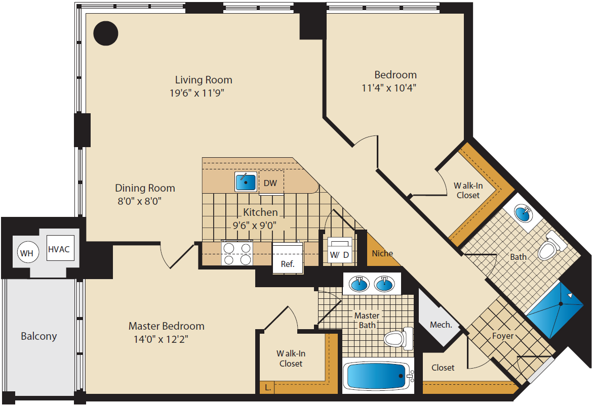 Floor plan for 2 beds, 2 baths, 1195 sqft