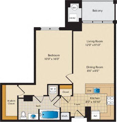 Floor plan for 1 bed, 1 bath, 801 sqft