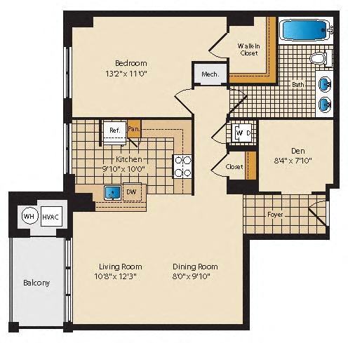 Floor plan for 1 bed, 1 bath, 923 sqft