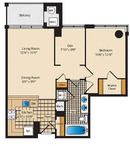 Floor plan for 1 bed, 1 bath, 848 sqft