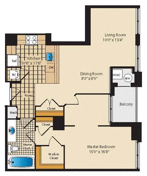 Floor plan for 1 bed, 1 bath, 894 sqft
