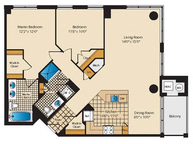 Floor plan for 2 beds, 2 baths, 1253 sqft