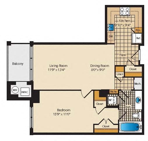 Floor plan for 1 bed, 1 bath, 805 sqft