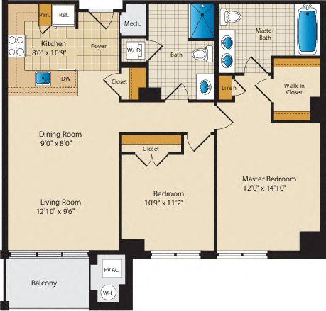 Floor plan for 2 beds, 2 baths, 1100 sqft