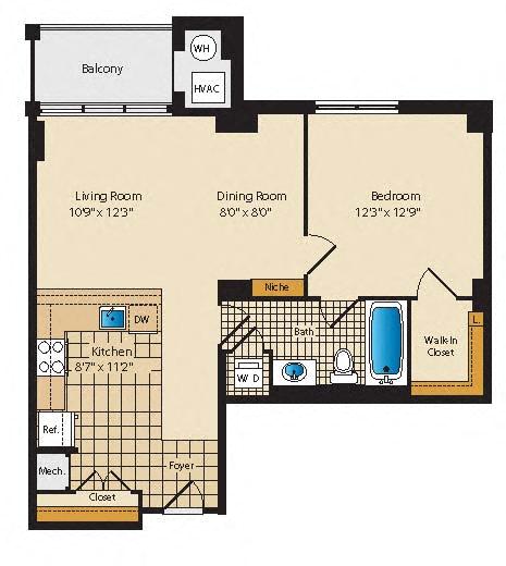 Floor plan for 1 bed, 1 bath, 789 sqft