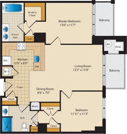 Floor plan for 2 beds, 2 baths, 1083 sqft